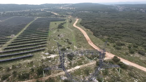 High-voltage-power-line-and-solar-park-by-drone.-France